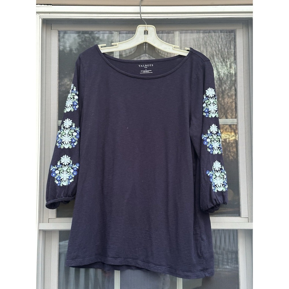 Talbots Peasant Blouse Embroidered Sleeves Cotton Size X